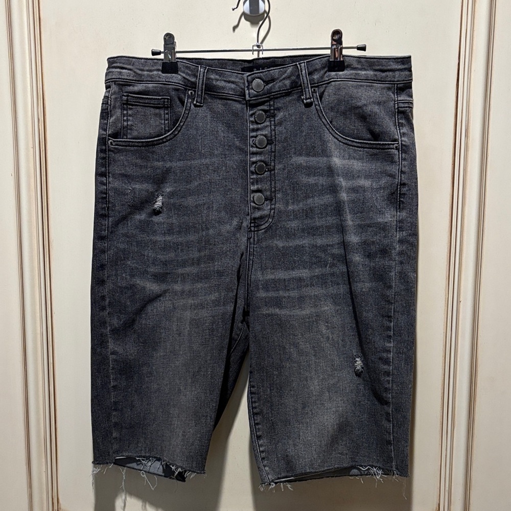 Ladies Distressed Charcoal Denim Shorts.